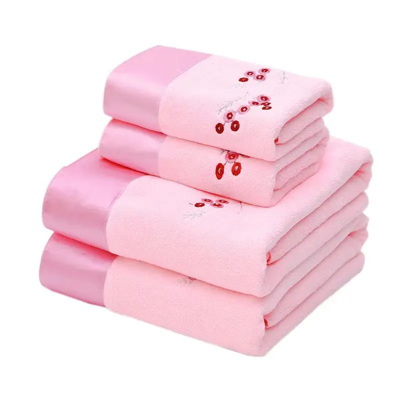 4pcs/set Solid Microfiber Embroidered Towel Set Quick Dry Bath Towel 140x70cm (2pcs) Face Towel 75x35cm (2pcs) for Bathroom