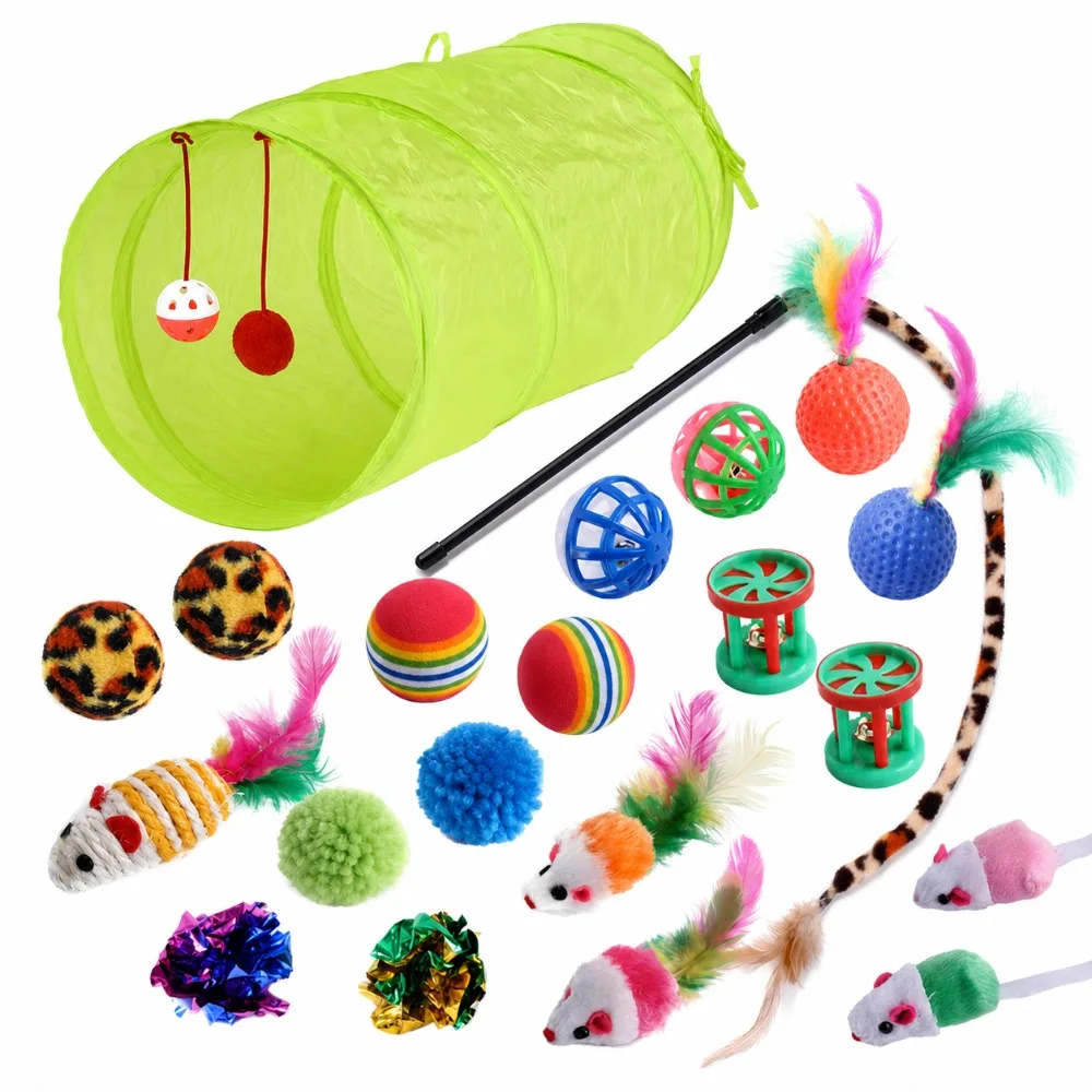 Catnip Included Cat Toy Set Interactive Feather Stick Fake Mouse Bell Ball Assorted Play Toys Indoor Entertainment Pack For