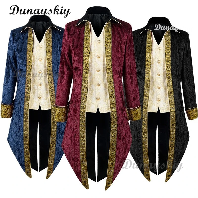 Men Steampunk Gothic Victorian Jacket Vintage Purple Velvet Tailcoat Medieval Frock Coat Uniform Renaissance Costume Homme XXXL