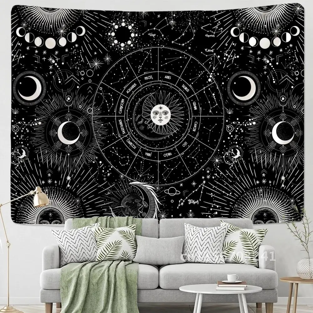 Sky Star Mandala Sun Moon Tapestry Black White Wall Hanging Bohemian Gypsy Psychedelic Tapiz Witchcraft Astrology Tapestry