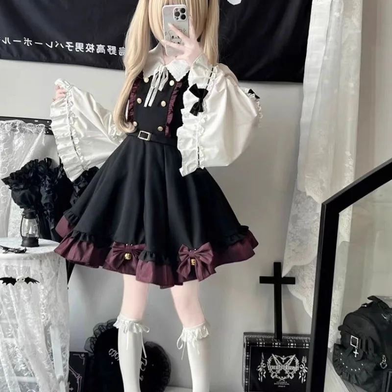 

2026 New Japanese Kawaii 2 Pieces Set Women Outfits Ruffled Patchwork Cute Bow Dress+Flare Sleeve Lolita Tops Y2k Aesthetic Suit