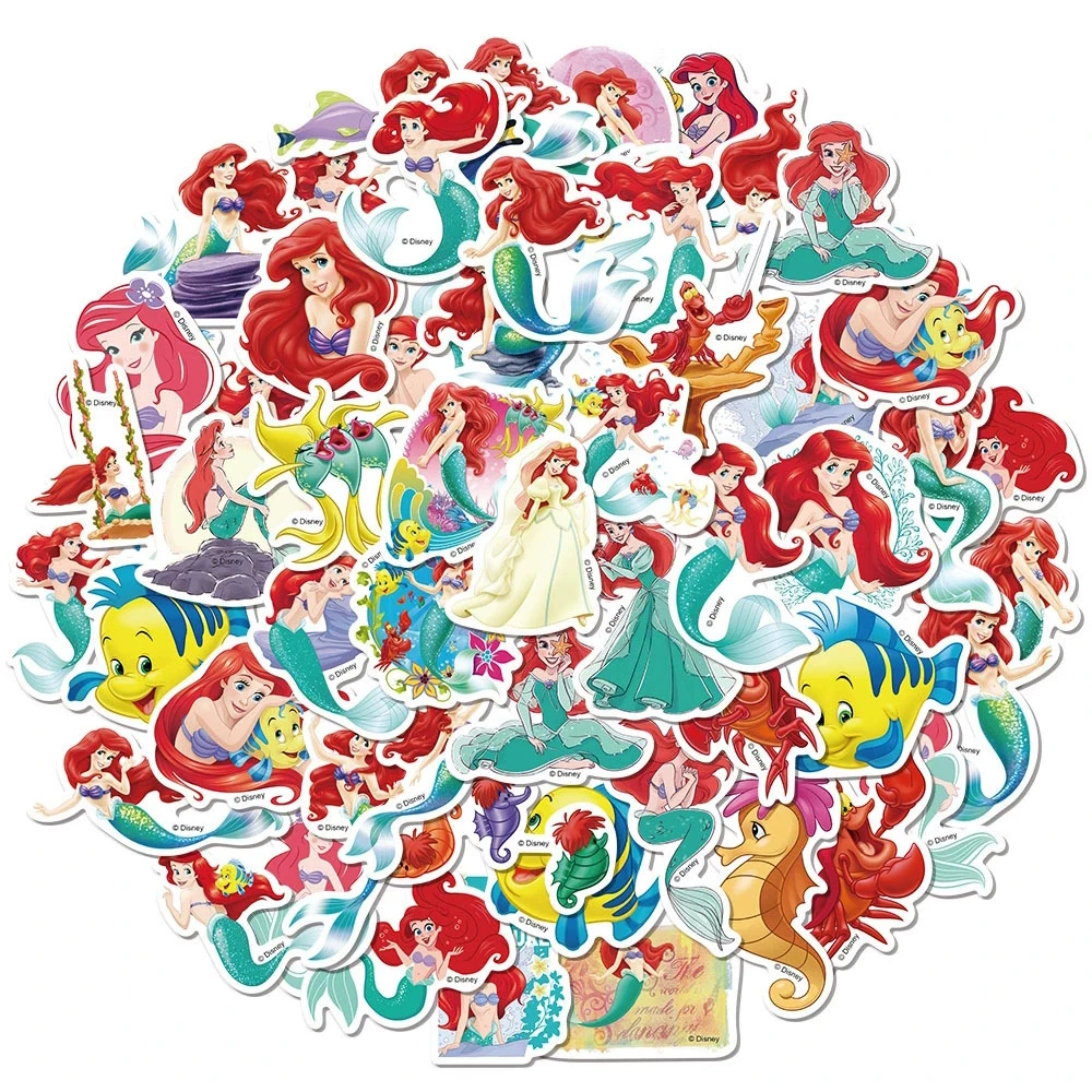 50pcs Disney The Little Mermaid Cartoon Graffiti Stickers Cute Anime Decal DIY Skateboard Phone Notebook Kawaii Sticker Toy Gift