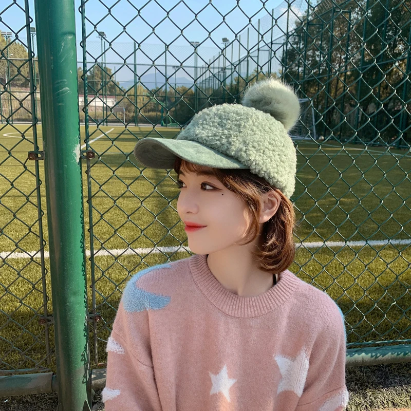 Winter women solid wool baseball cap New adult ajustable pompom trucker cap lambswool Sports hip hop hats