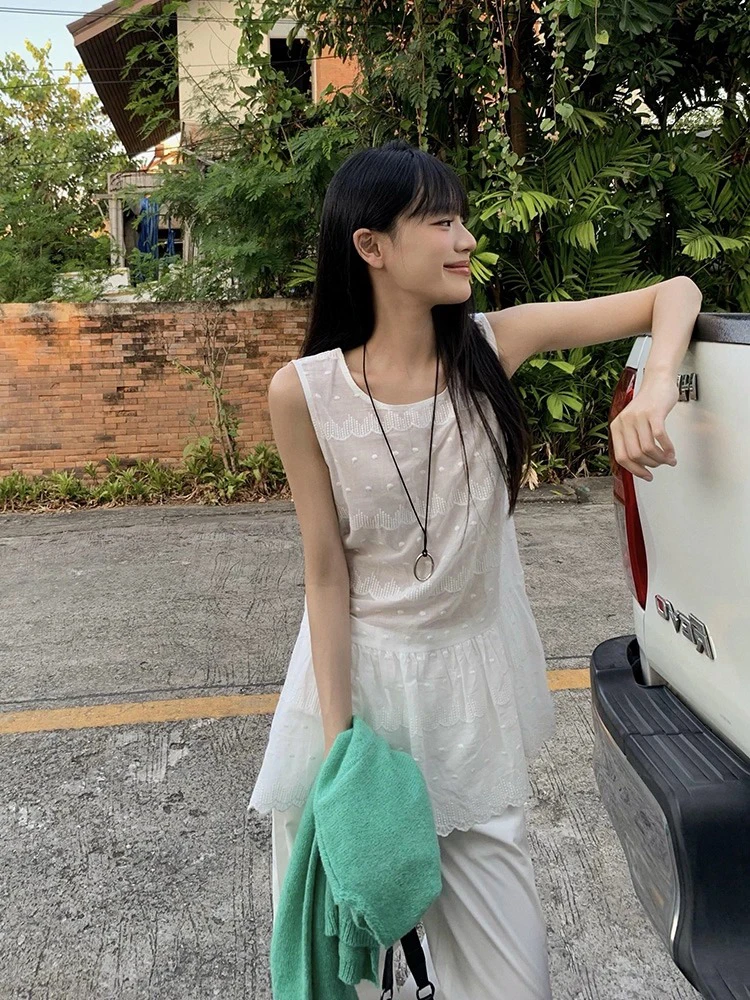 Estilo coreano branco renda bordado colete crimento médio sem mangas primavera verão novo doce suave camadas vestido de sa...