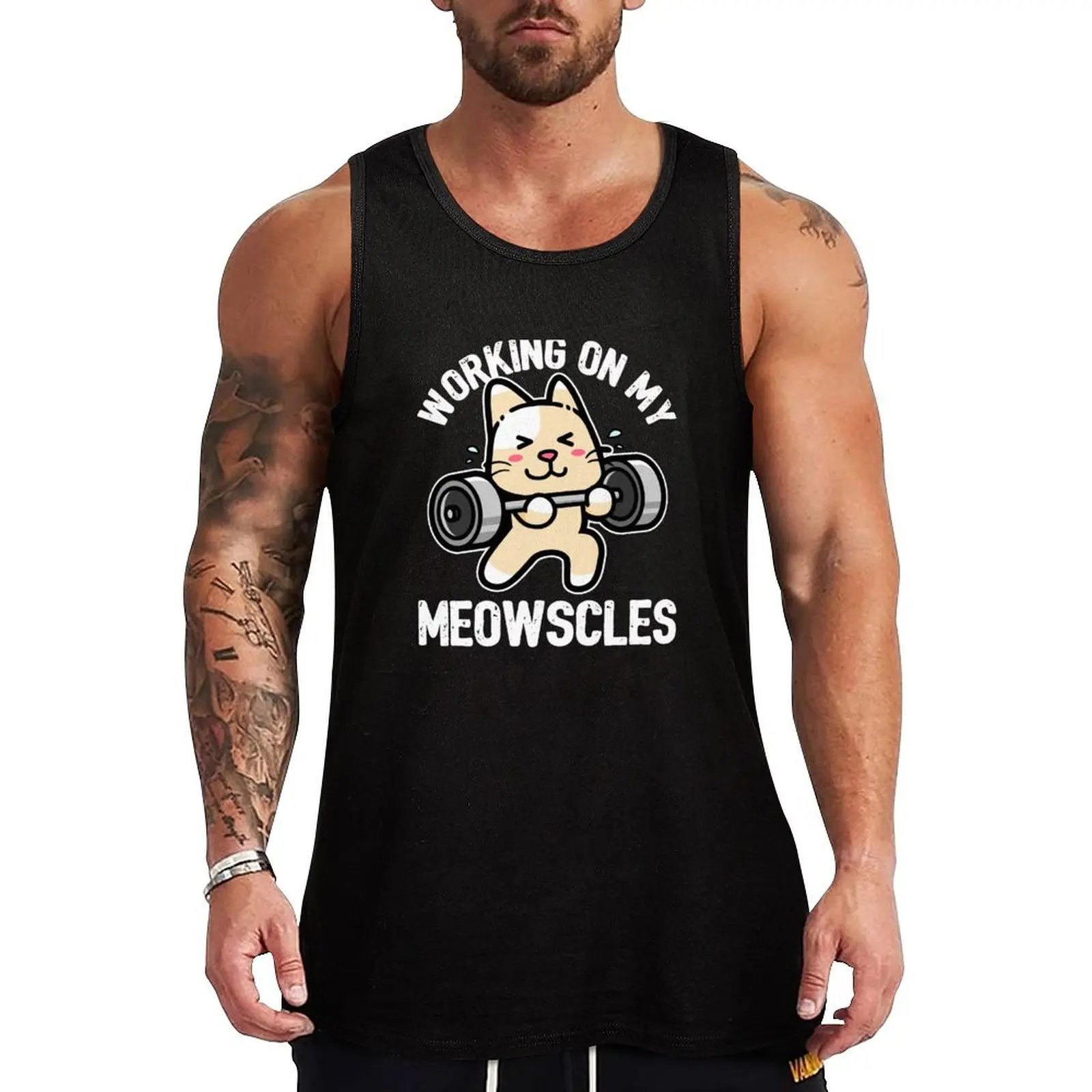 Working on my Meowscles Funny Cat Gym Workout Pun Tank Top Men's cotton t-shirt sleeveless gym shirt man fitness plain t-shirt