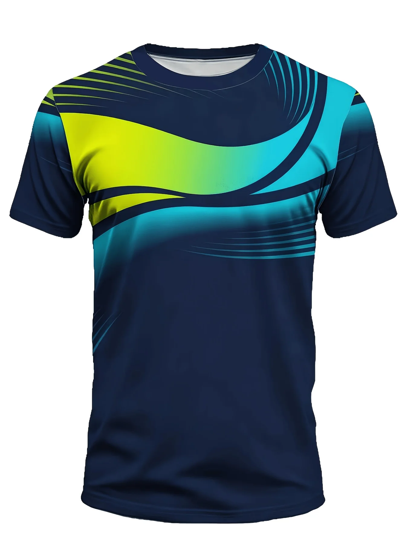 Men High Elastic Quick Dry Sports Compression Shirt Gradient Curve Line Print Short Sleeve Gym Running Training Workout Top