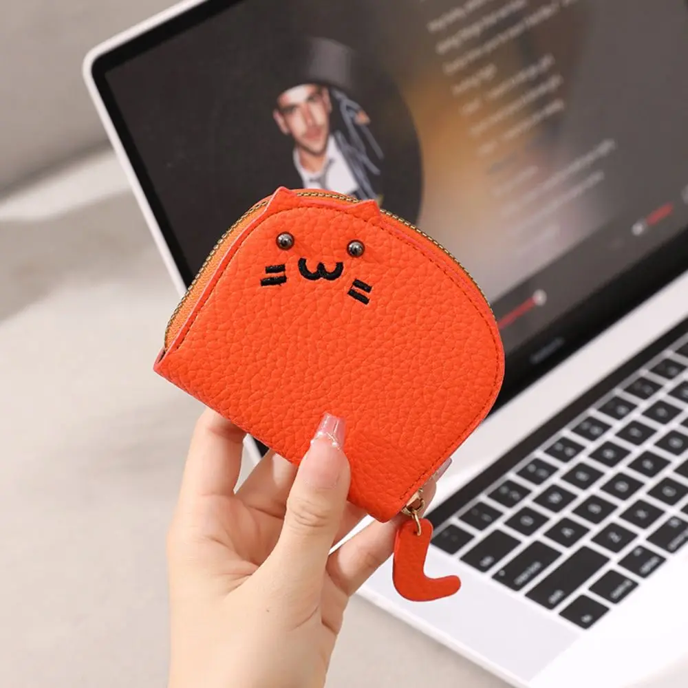Small Cartoon Cat Mini Card Wallet Ultra-thin Zipper Card Holder PU Leather Card Bag Women Girls