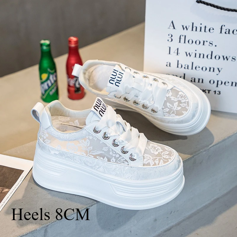 Trendige Spitzenblumen-Damenschuhe mit Dicker Sohle, Atmungsaktive Sport-Fußbekleidung, Netzoberfläche, Sommer-Freizeitschuhe mit Erhöhung