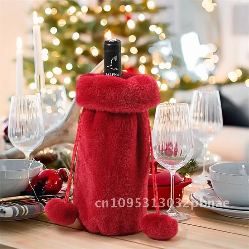 

New plush wine bottle set Christmas decorations small rabbit fur wine set Christmas decoration props red wine bottle bag