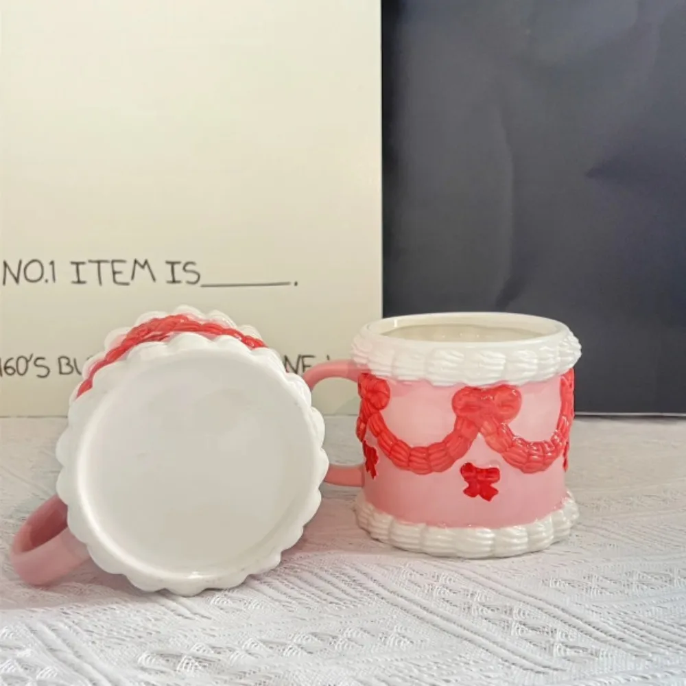 Creative Cute Cake Ceramic Coffee Cup Modern Cartoon Embossed Bow Coffee Cup Afternoon Tea Mug Home Breakfast Milk Cup Art Decor