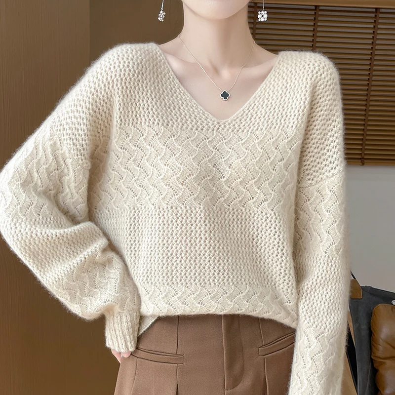 

V-Neck Hollowed Out Cashmere Sweater With French Style Fashion High-Quality Loose Solid Color Pullover Warm And Soft Knit Jumper