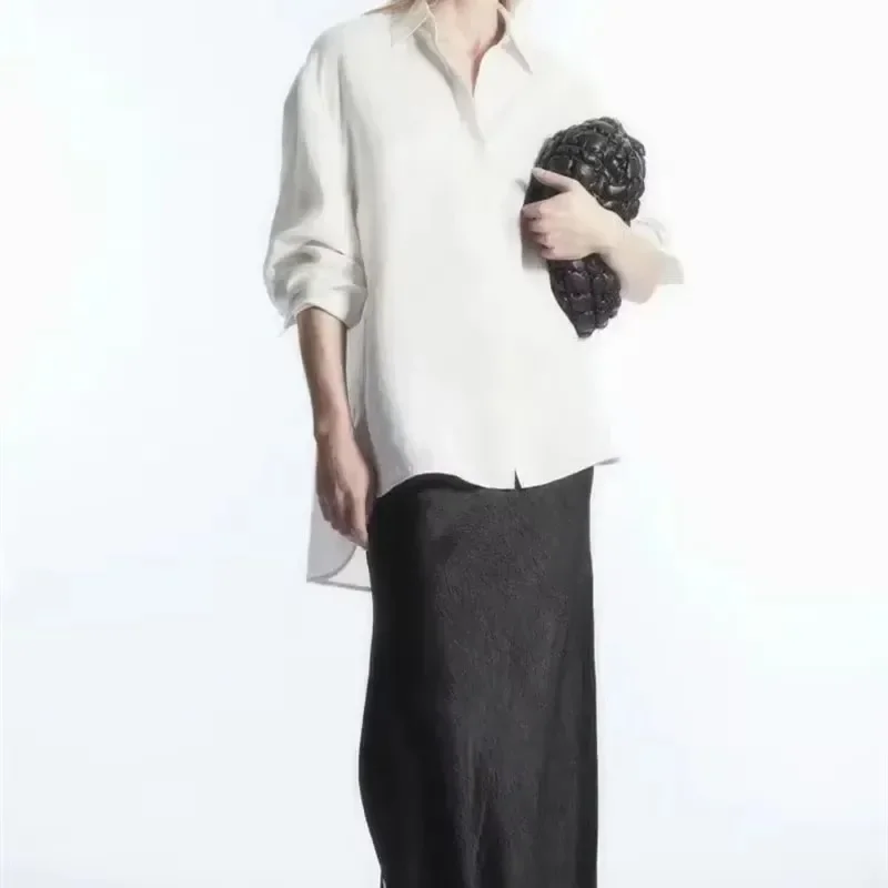 

New casual style pointed neck slit hidden front shirt