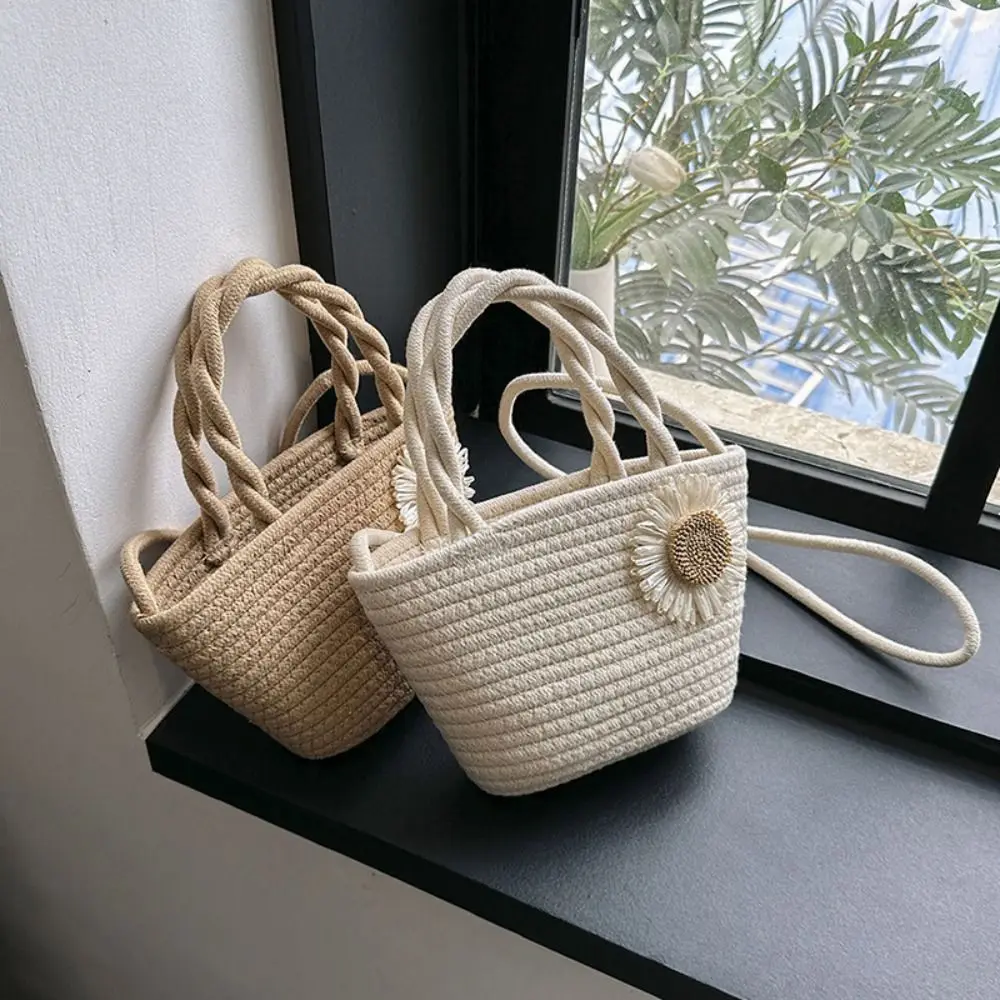 Bolso de paja tejido de flores Simple estilo campestre bolso de hombro de playa estilo bohemio bolso de cubo bolso de rafia de Color sólido para niñas