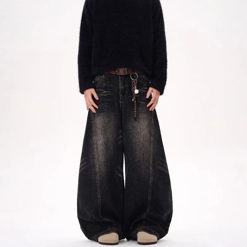 Unisex American Vintage Washed Denim Jeans Loose Curved Wide‑Leg Couple Casual Streetwear Trousers Mens Jeans
