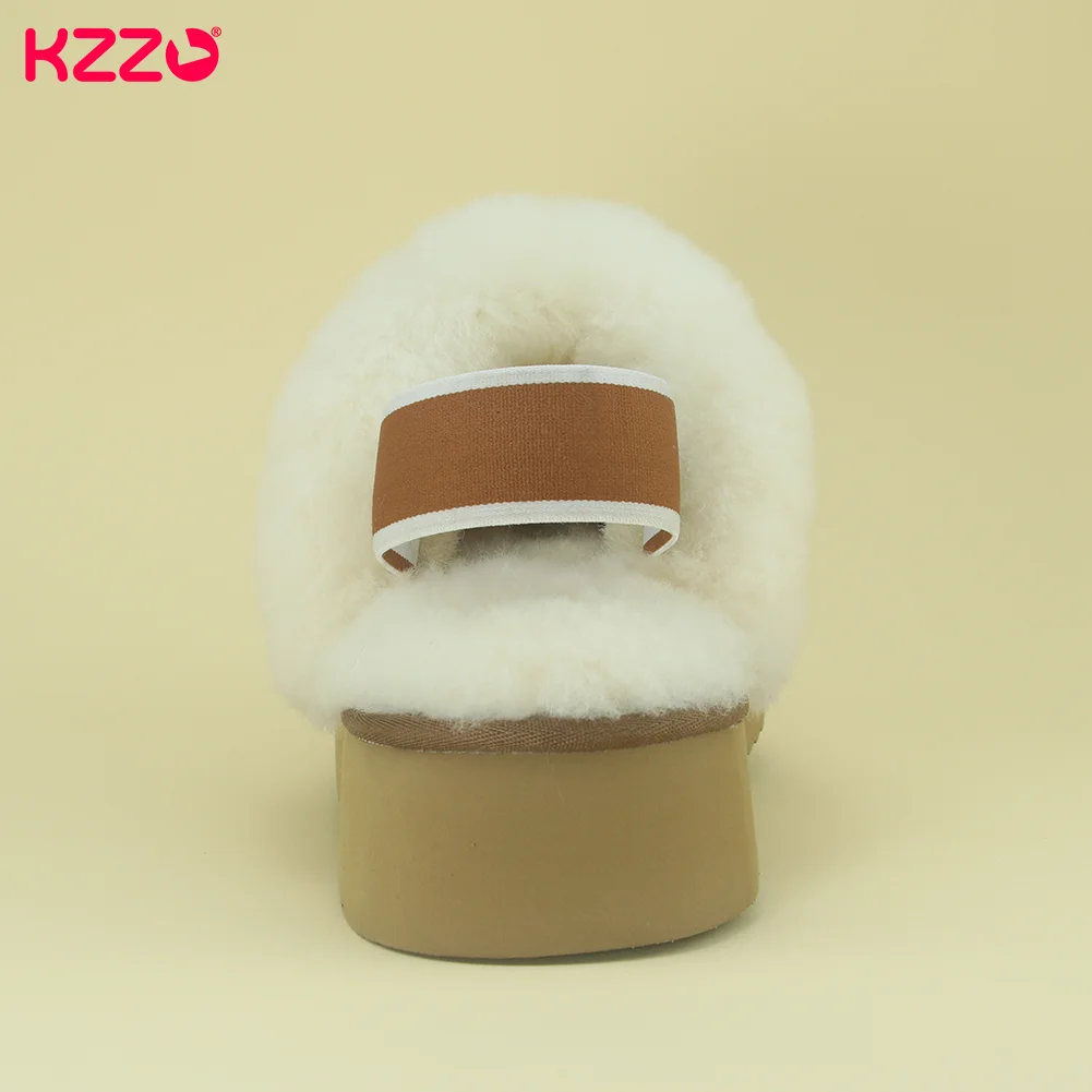 KZZO Winter Sheepskin Fur Women\'s Home Platform Slippers Elastic Bands Thick Sole Casual Indoor Natural Wool Lady Warm Shoes