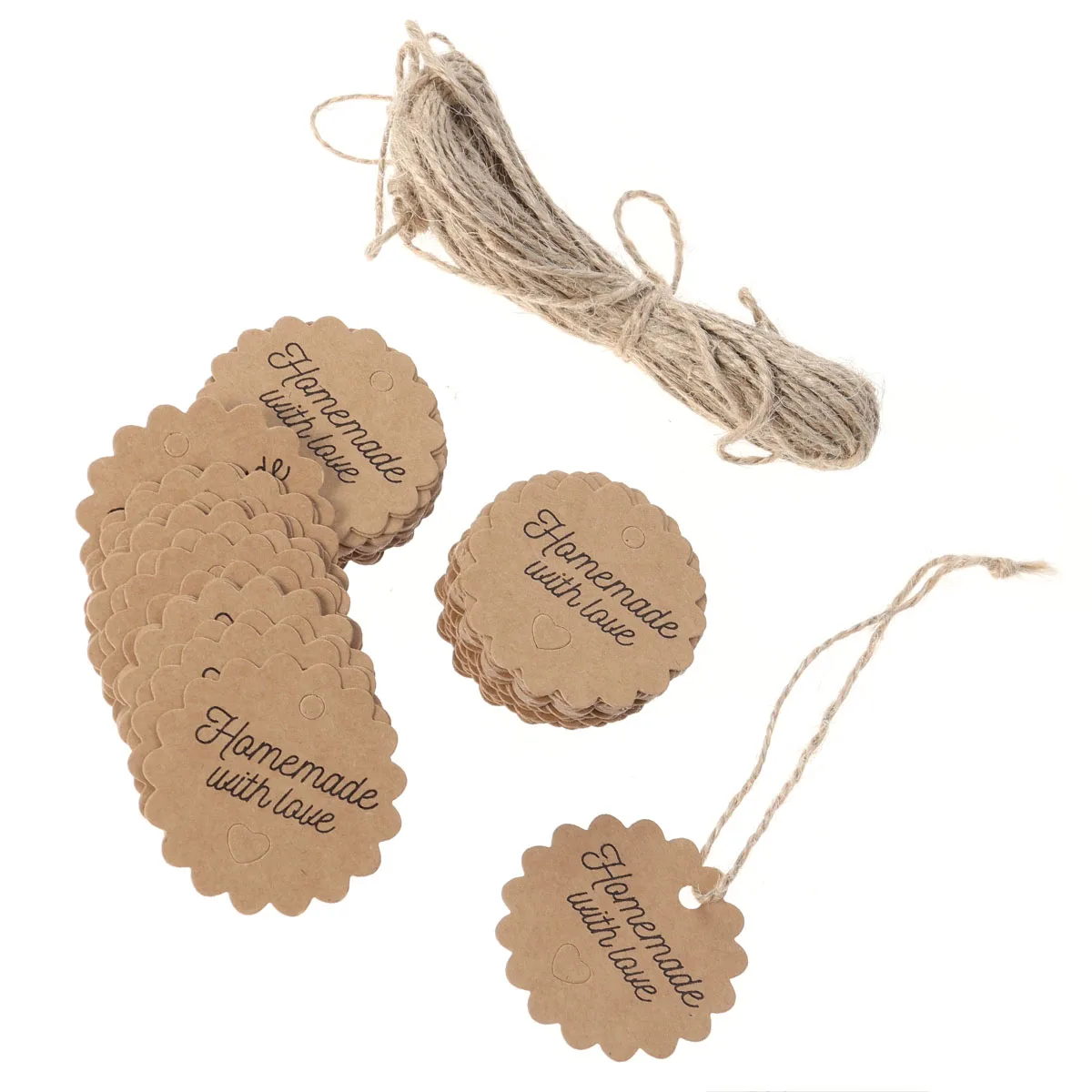 100pcs Kraft Paper Tags with Strings Gift Favors Baking Food Package Tags Hanging Labels (Circle, 5x5cm)