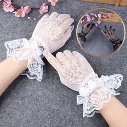 Guantes de tul de boda para mujer, manoplas elásticas de seda ultrafinas, malla corta blanca y negra, guantes de dedo completo, joyería de fiesta