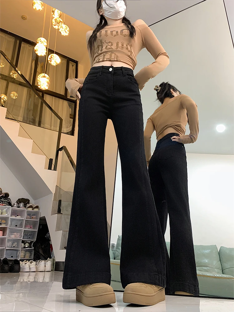 Hohe Taille Ausgestellte Jeans Damen Winter Thiened Fce Lose Weites Bein Bodenlangen Bootcut Denim Hosen Casual Sle