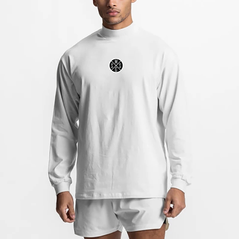 Herren Übergroßes, lockeres Fitnessstudio, Bodybuilding, lässiges T-Shirt mit hohem Kragen, Herbst-Baumwolle, atmungsaktiv, tiefe Schultern, lange Ärmel