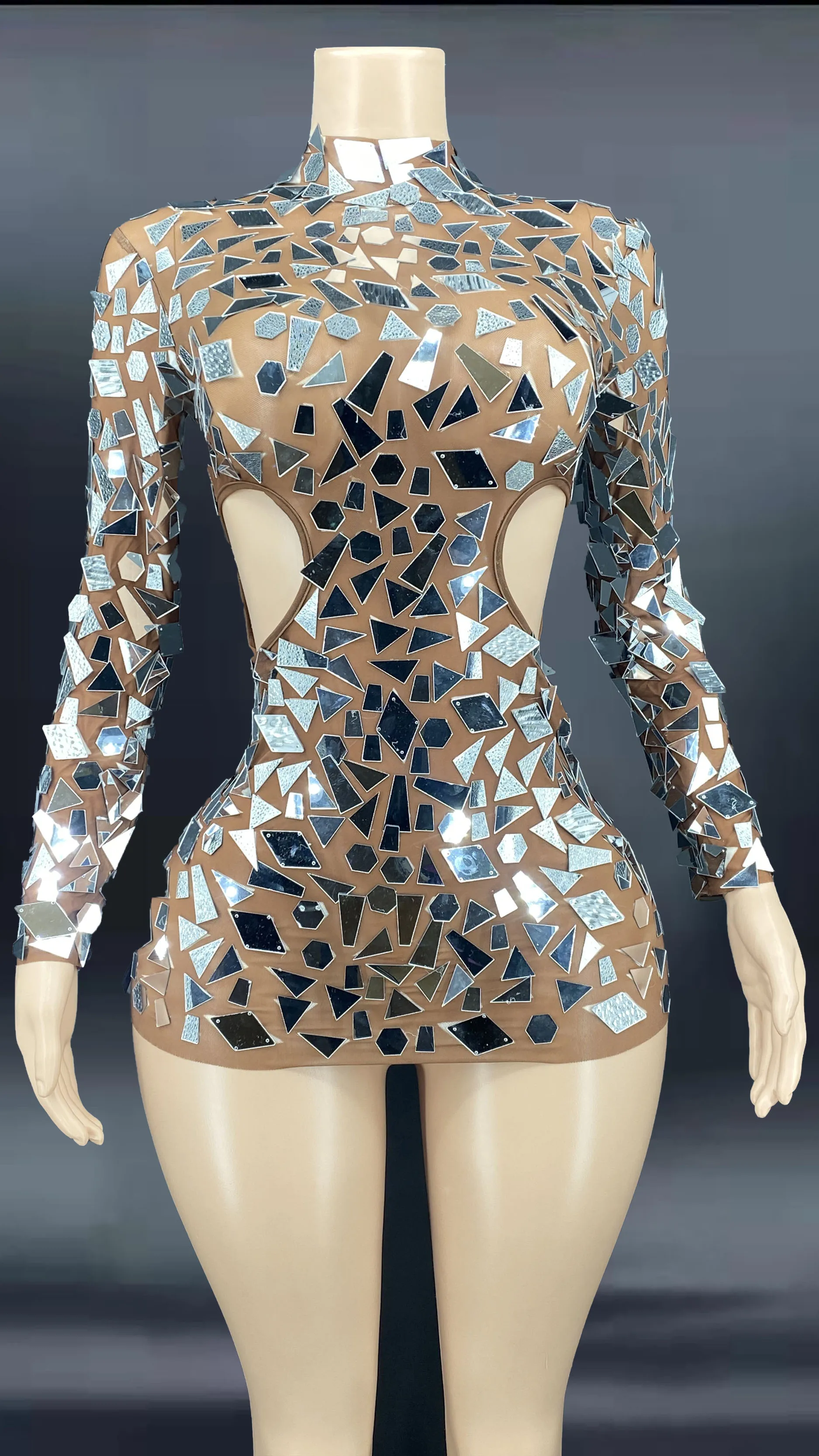 

Mirror Sequins Dress Sexy Waist Hollow Out Singer Dancer Stage Costume Evening Dresses Rave Outfit Gogo Dancing Clothes