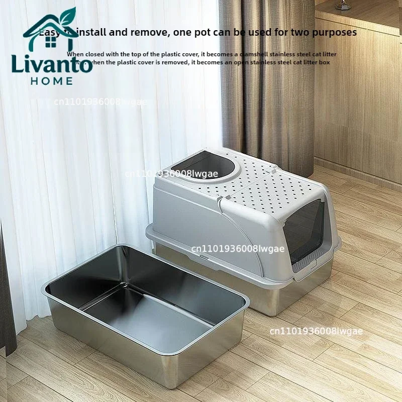 

Fully Enclosed Cat Litter Box Stainless Steel Cat Toilet Large Anti-Splash Pet Toilet Convenient Flip Up Cat Toilet Bowl