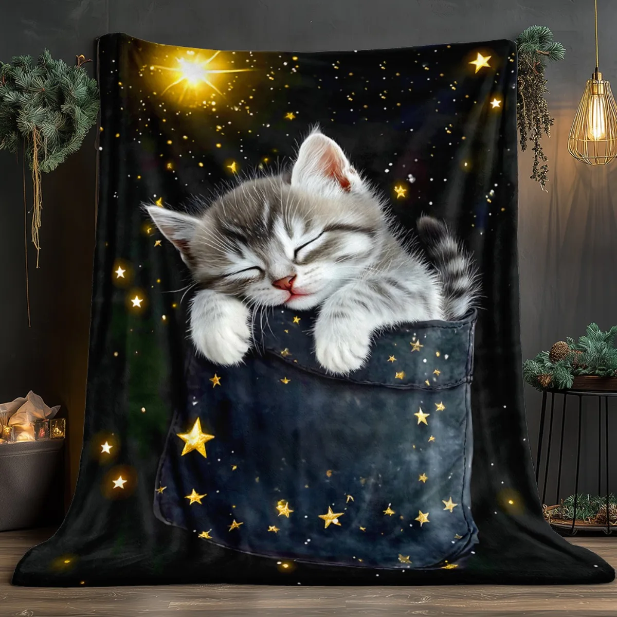 

Спящий котенок в черном горшке со звездами, одеяло, легкий фланелевой всесезонный мягкий теплый плед для дивана-кровати, путешествий, кемпинга