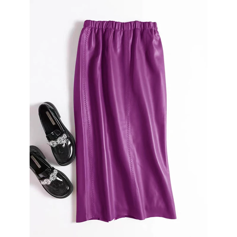 2026 Leather Skirts Spring Autumn Women Italy Fashion Handmade Arch Needle Cut Sheepskin Split High Waist Wrap Skirt Falda Larga