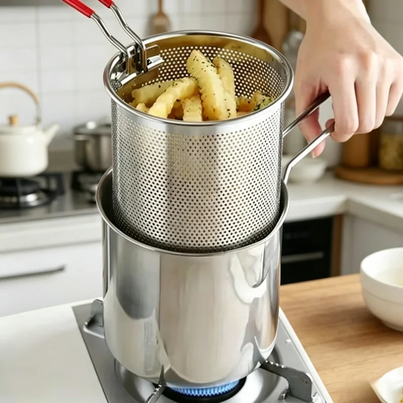 Fritadeira de Aço Inoxidável com Tela Filtrante - Panela Doméstica Pequena para Batatas Fritas, Asas de Frango e Mais, Panela Tianfu Luo