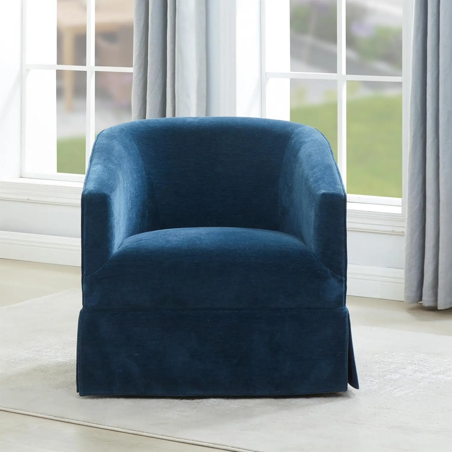 Skirted Swivel Accent Chair Velvet Upholstered Round Barrel Lounge Armchair 360° Rotation Metal Base Living Room Bedroom Office,