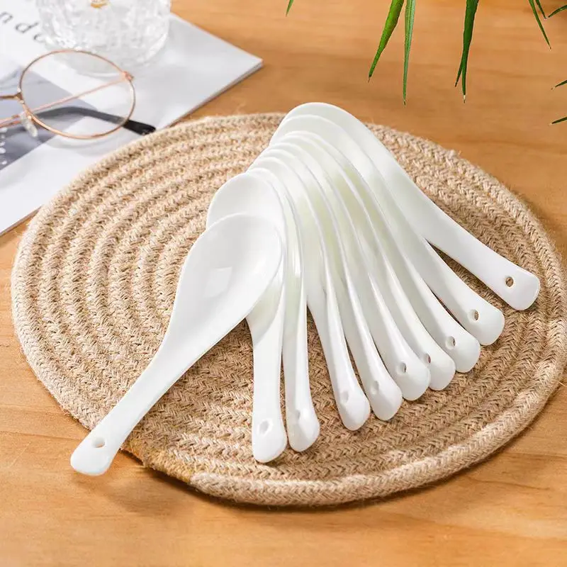 مصنع تانغشان بالجملة ملعقة سيراميك منزلية بيضاء نقية مقبض طويل ملعقة شوربة القهوة الحلوى العظام الصين ملعقة صغيرة #4