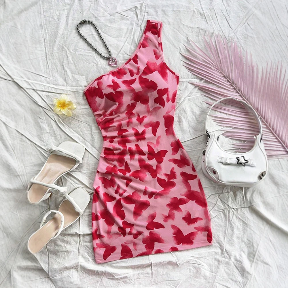 Robes printemps été Hotsweet mode imprimé graphique sans manches une épaule Mini vacances Cami robes pour les femmes