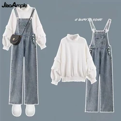 Women Preppy Style Spring Autumn Sweatshirt Overalls Denim Pants 1 or 2 Piece Set Korean Lady Daily Ruffle Tops Jeans Outfits