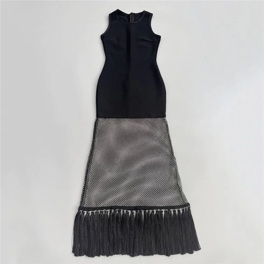 2025 New Women Sleeveless Bandage Dress Sexy Beading Tassels Clothes Club Party Elegant Dresses