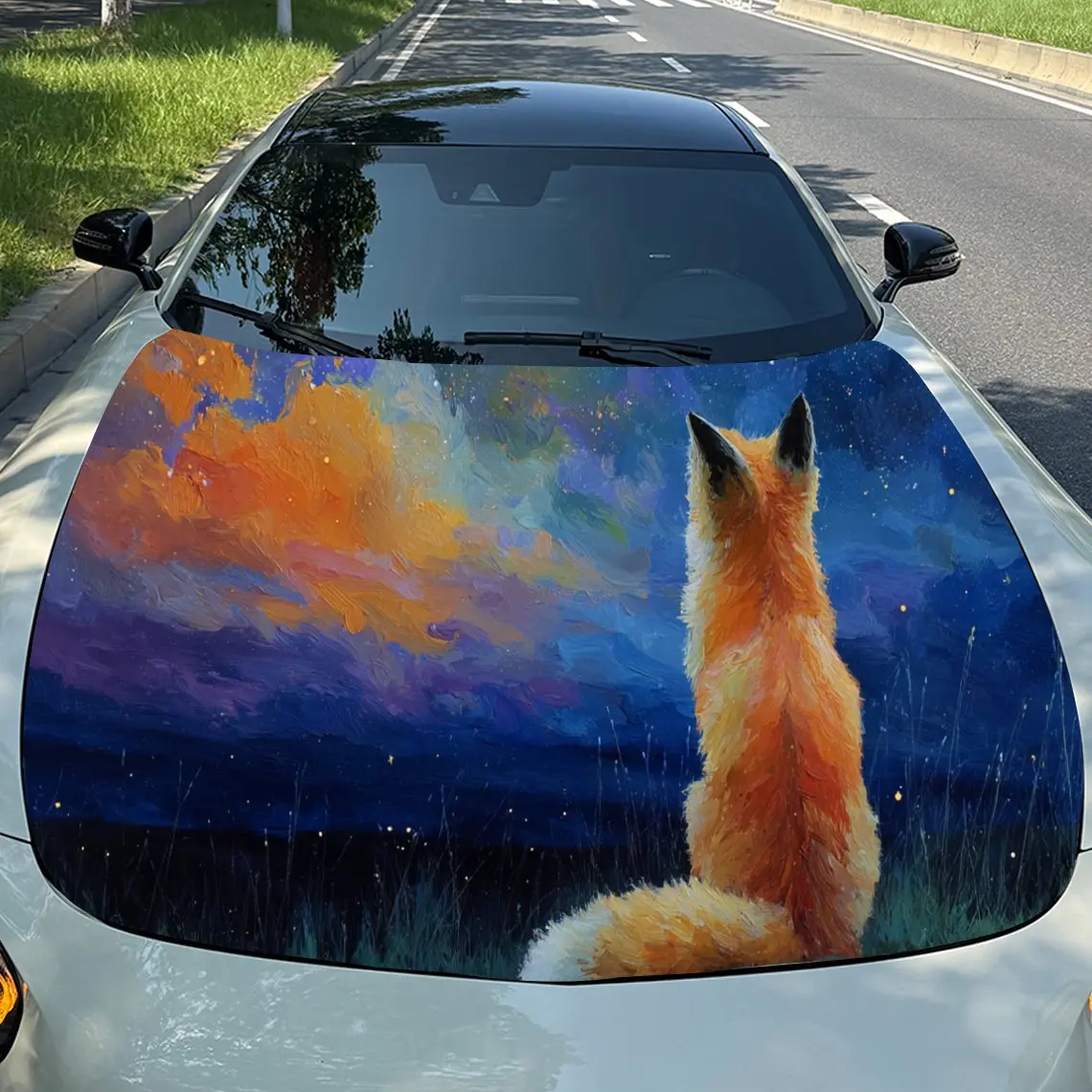 

Cute Fox Admiring the Vivid Sky PVC Car Engine Hood Vinyl Wraps, Self-Adhesive Waterproof Car Hood Decal Sticker, Car Decoration