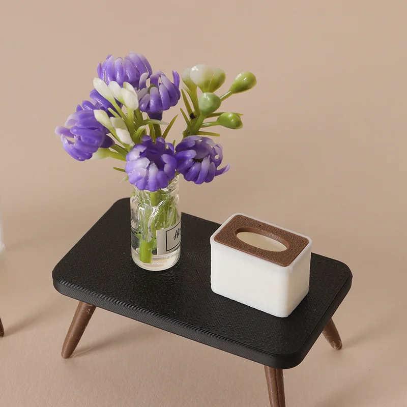 1:12 Scale Dollhouse Miniature Coffee Table Model, Ins Style Living Room Furniture with Flower Vase & Tissue Box, Diorama Scene