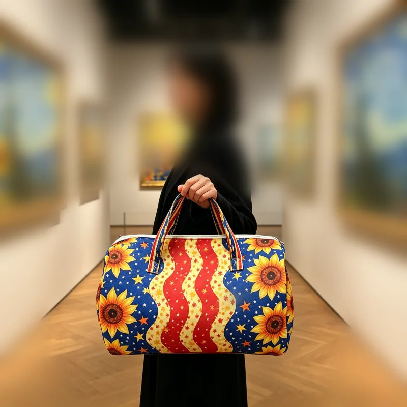 Patriotic Sunflower Travel Duffel Bag Set, 2Pcs American Flag Tote with Makeup Bag, Large Capacity Weekender Bag for Women view 4