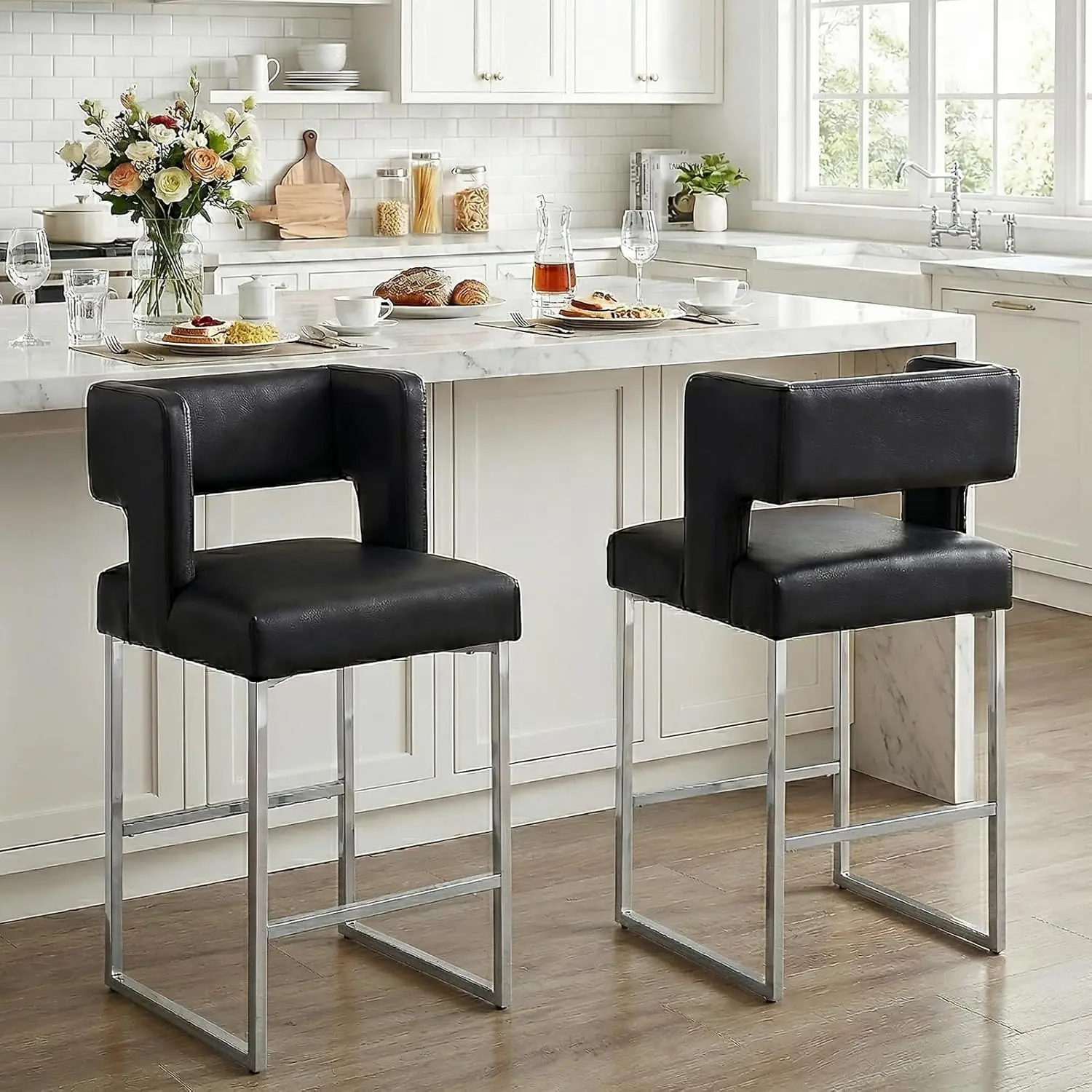 

Black Counter Height Bar Stools Set Of Two With Square Back Pu Leather Upholstered Silver Metal Legs