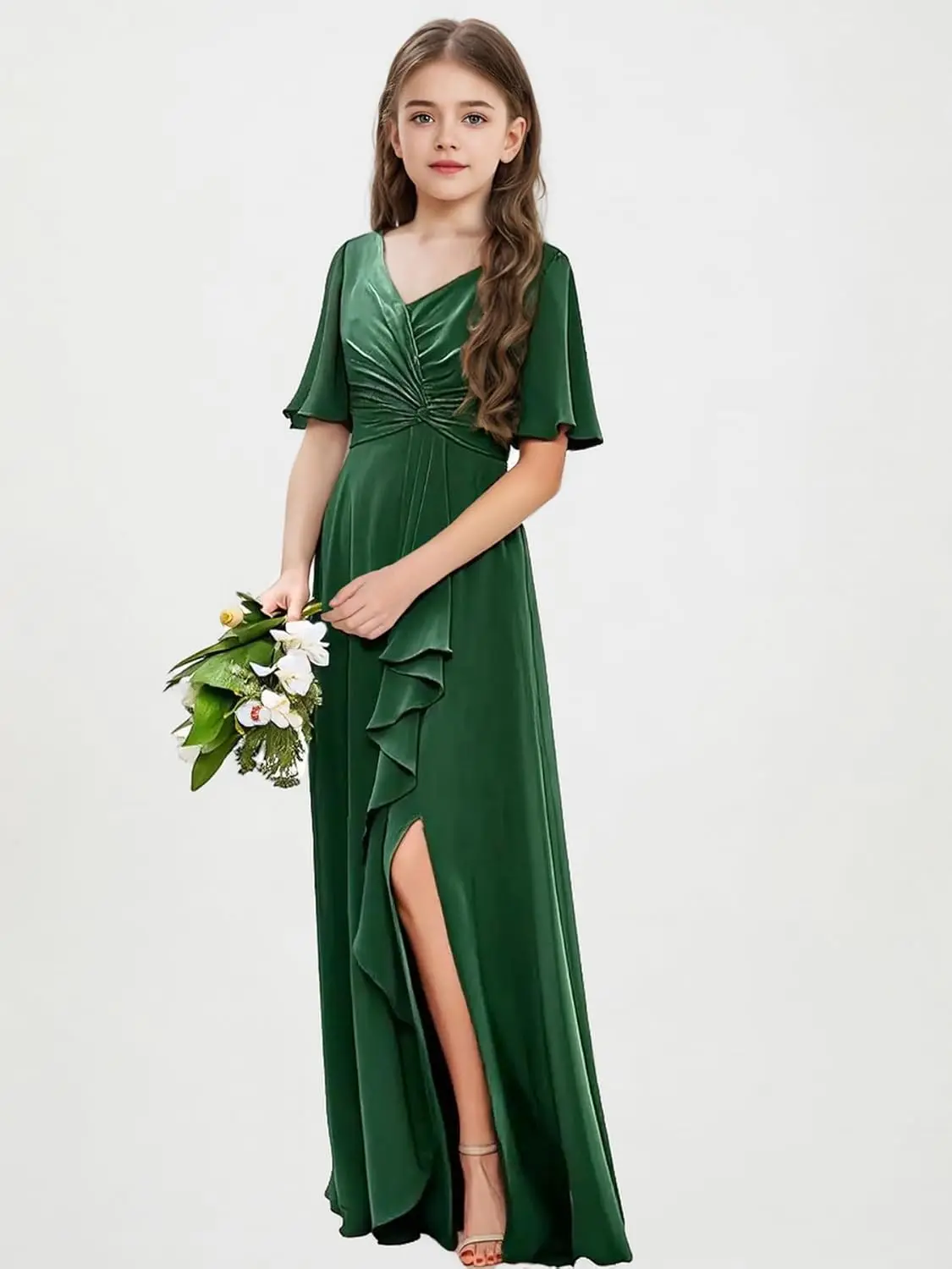 슬릿 브이넥이 있는 A라인 주니어 신부 들러리 드레스 보헤미안 러플 쉬폰 플라워 걸 드레스 십대 소녀를 위한 정장 드레스
