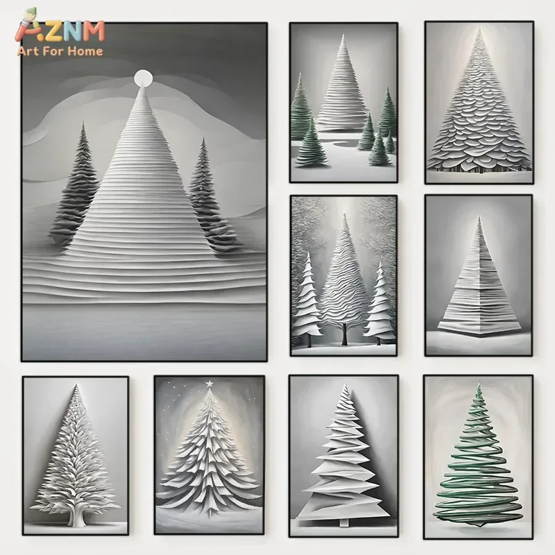 AZNM Minimalist Christmas Tree Canvas Wall Art Abstract 3D Layered Xmas Tree Gray Winter Snow Scene Print Poster Neutral Holiday