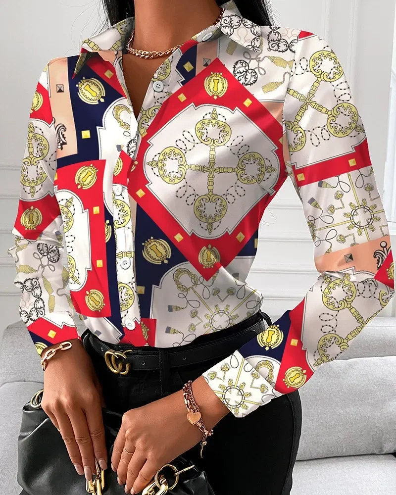 Women\'s Spring and Autumn Long Sleeve Lapel Button-Down Shirt Retro Style Elegant 3D Printed Fashion Plus Size Top