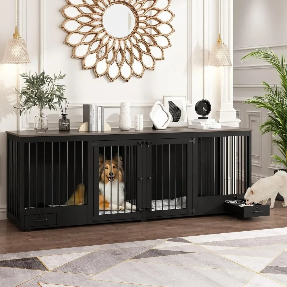 Large Dog Crate, 86.6 Heavy Duty Wooden Dogs Kennel with Dogs Bowl Drawers & Divider, Indoor Furniture Style Dog Kennel