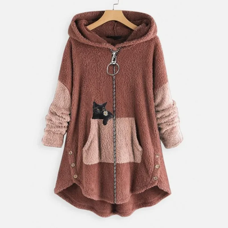 Autumn Winter Zipper Sweatshirt Fleece Jacket Warm Long Sleeve Cat Streetwear Coat Loose Casual Mid-length Outerwear Clothing