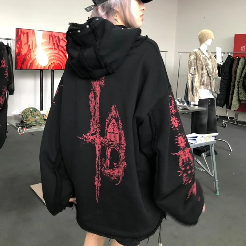 سترة Thug Club الجديدة ذات الوزن الثقيل المضلع بطباعة الشيطان الرصع المتعثرة كبيرة الحجم وأكمام طويلة وقلنسوة وسحاب #3