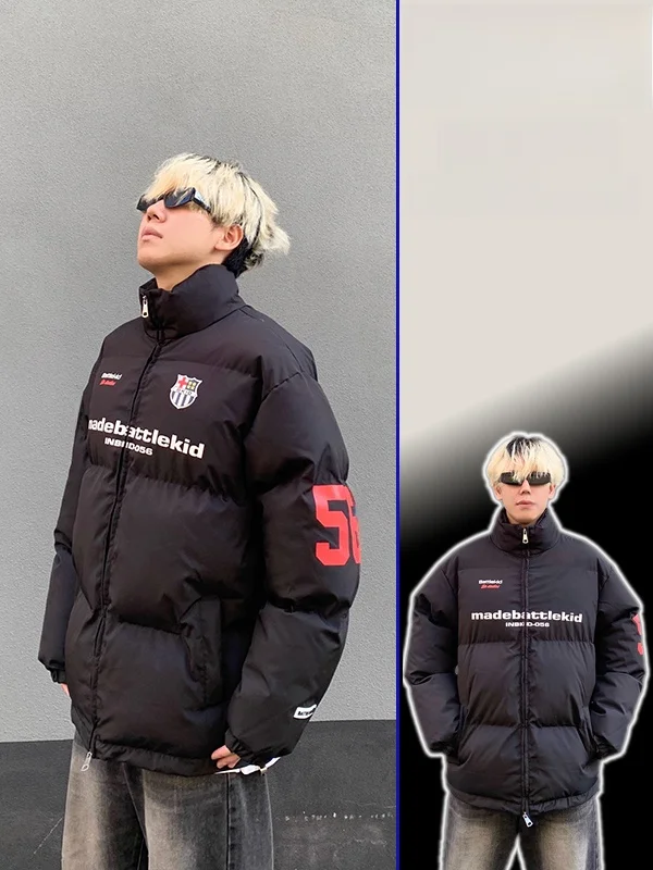 

Winter Thiened Stand Collar Warm Bread Sle Oversized Cotton Jaet Street Sle Letter Print Large Size Coat for Women