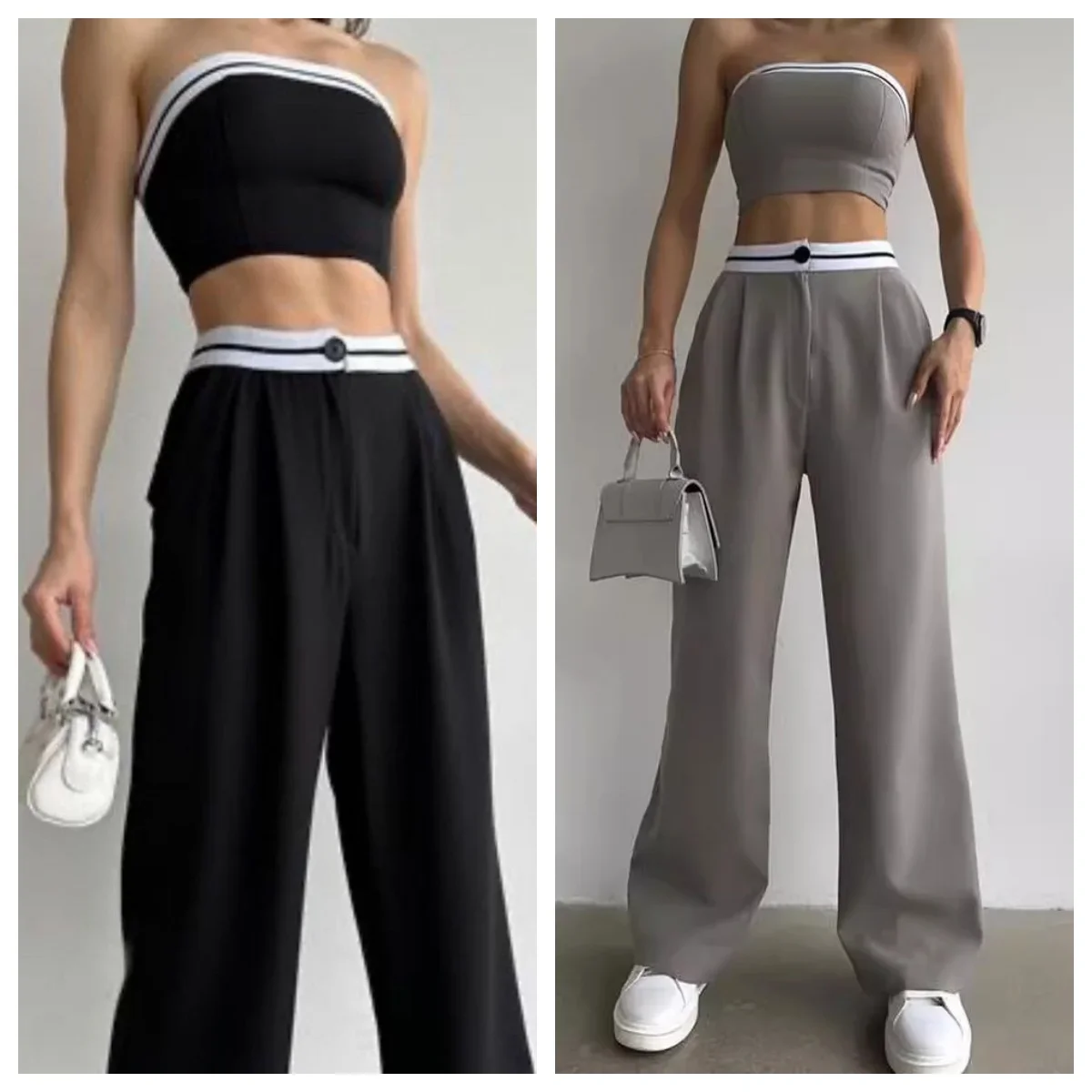 

Sexy Women's Tracksuit with Boob Tube Top Slash Neck Contrast Color Wide Leg Trousers Sports Suit for Women Two Piece Set Outfit