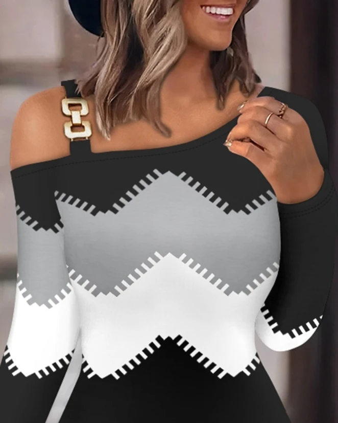 Damesjurk met chevronprint, koude schouder, metalen gespdetail en bodycon-ontwerp, stijlvolle vrijetijdsjurk