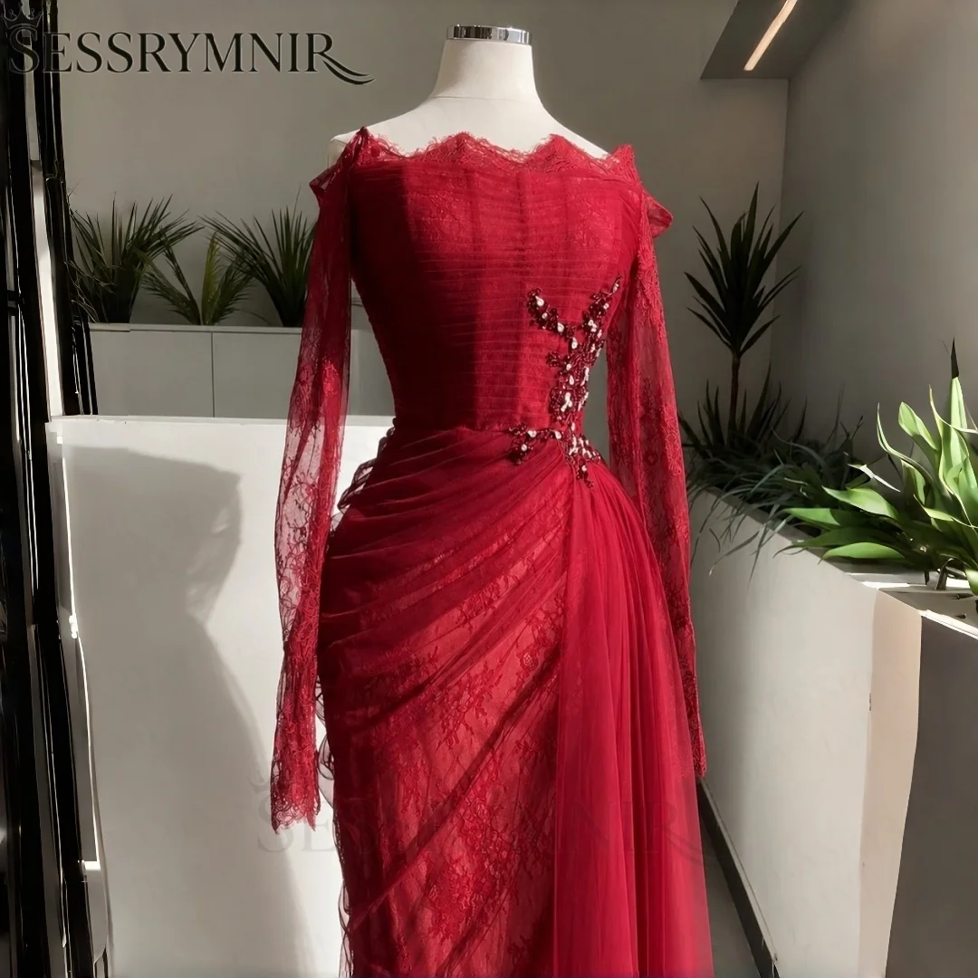SESSRYMNIR Women'S Formal Evening Gowns Customize A-Line Red Evening Dresses Off-The-Shoulder Floor-Length Cap Sleeves Lace Eleg