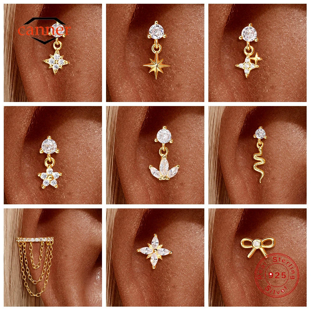 

CANNER 1PC 925 Sterling Silver Eight Pointed Star Three Clawed Flat Head Piercing Ear Bone Nail Earring Women INS Bow Earrrings