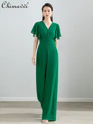 2023 Summer New Jumpsuit Green Ruffled V-neck Slim Fit Slimming Fashion Wide Leg Pants Office Lady Elegant Straight-Leg Trousers