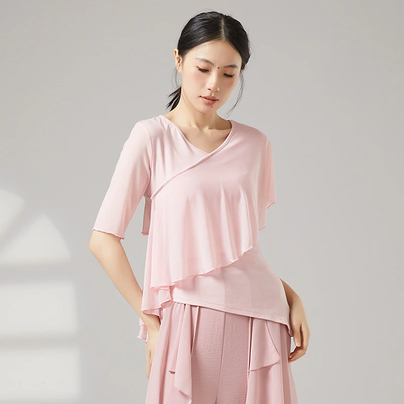 Adult Classical Dance Practice T-Shirt Flare Sleeve Tulle Design Chinese Folk Dance Modern Dance Performance Costume For Women
